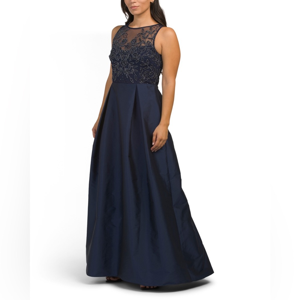 ADRIANNA PAPELL NAVY TAFFETA SKIRT GOWN ILLUSION BEAD TOP EMBROIDERED SEQUINED